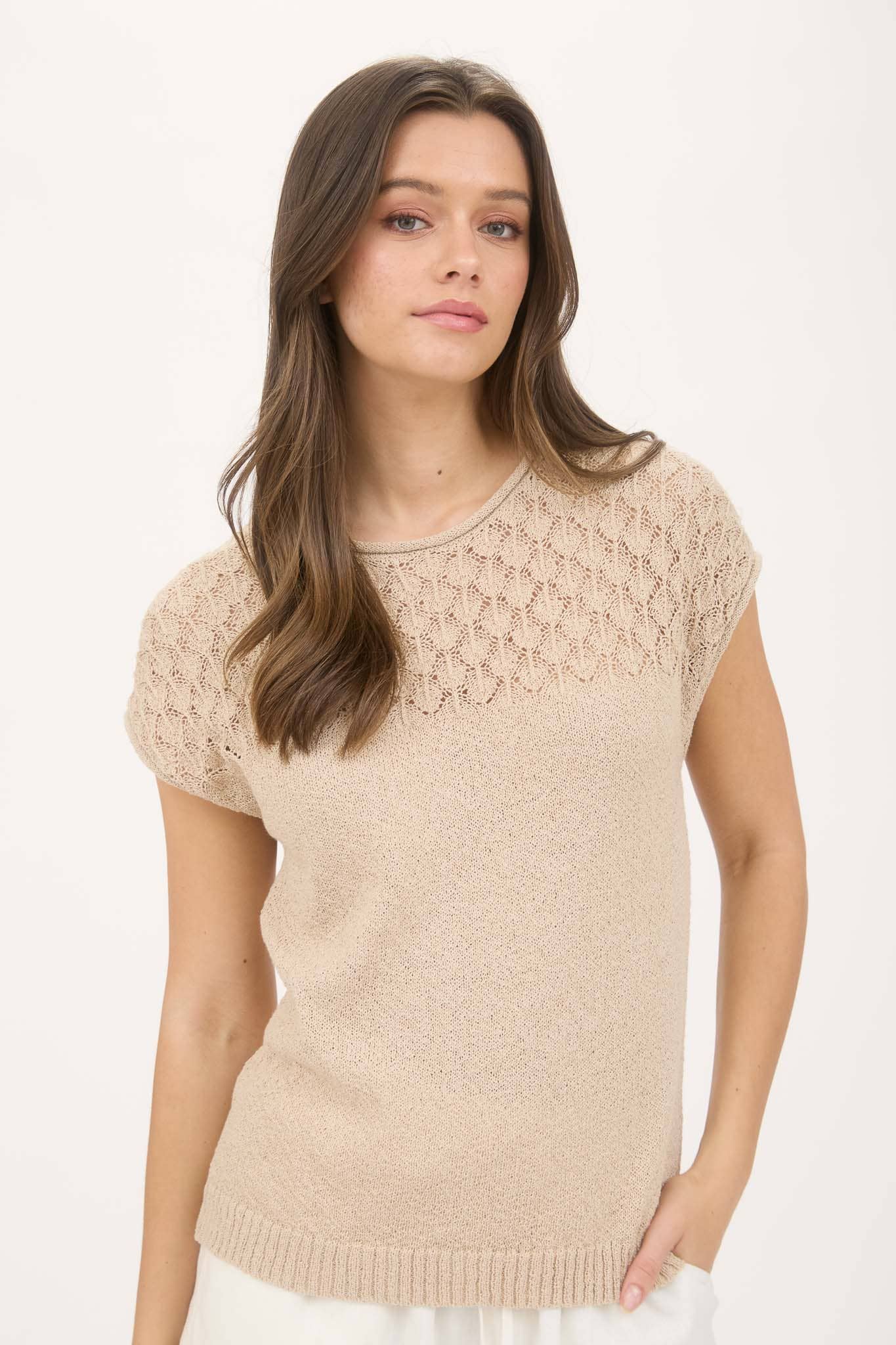 EYELET YOKE SWEATER KNIT TOP