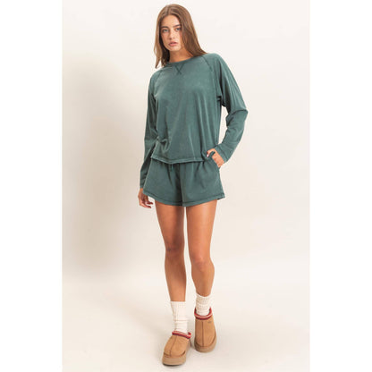 Mineral Wash Long Sleeve Raw Edge Top & Shorts Set