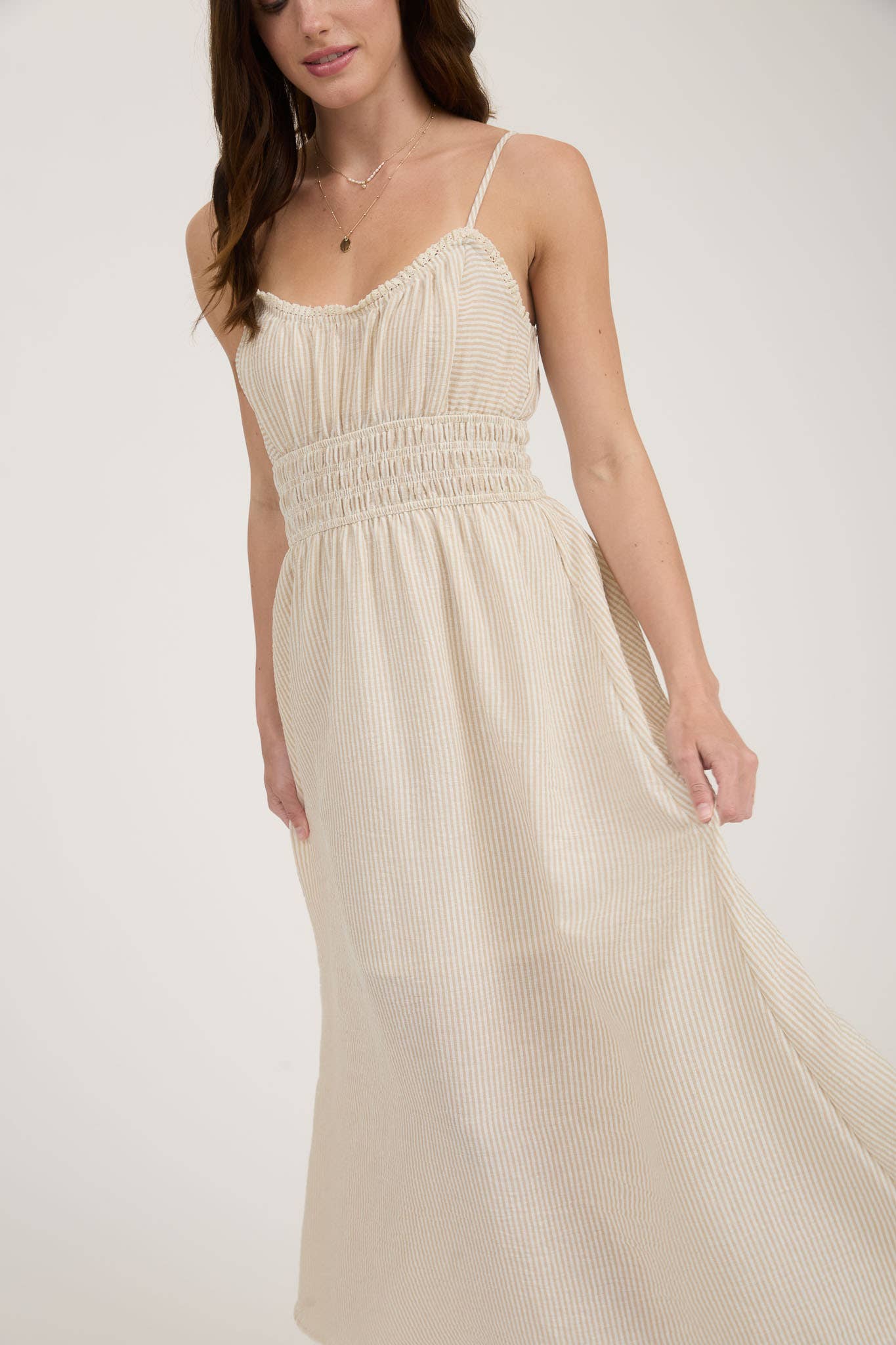 STRIPE LACE TRIM SPAGHETTI STRAP MIDI DRESS