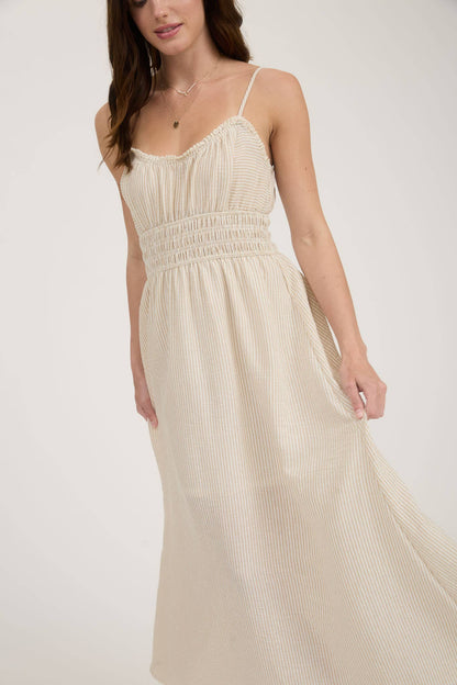 STRIPE LACE TRIM SPAGHETTI STRAP MIDI DRESS