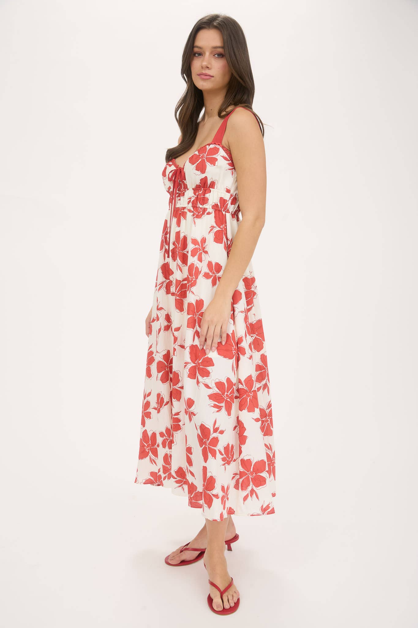 FLORAL SWEETHEART FRONT TIE WITH CUTOUT MIDI DRESS