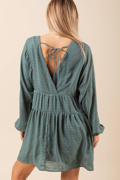 ND30996-Textured Woven Mini Dress W/ Back Tie