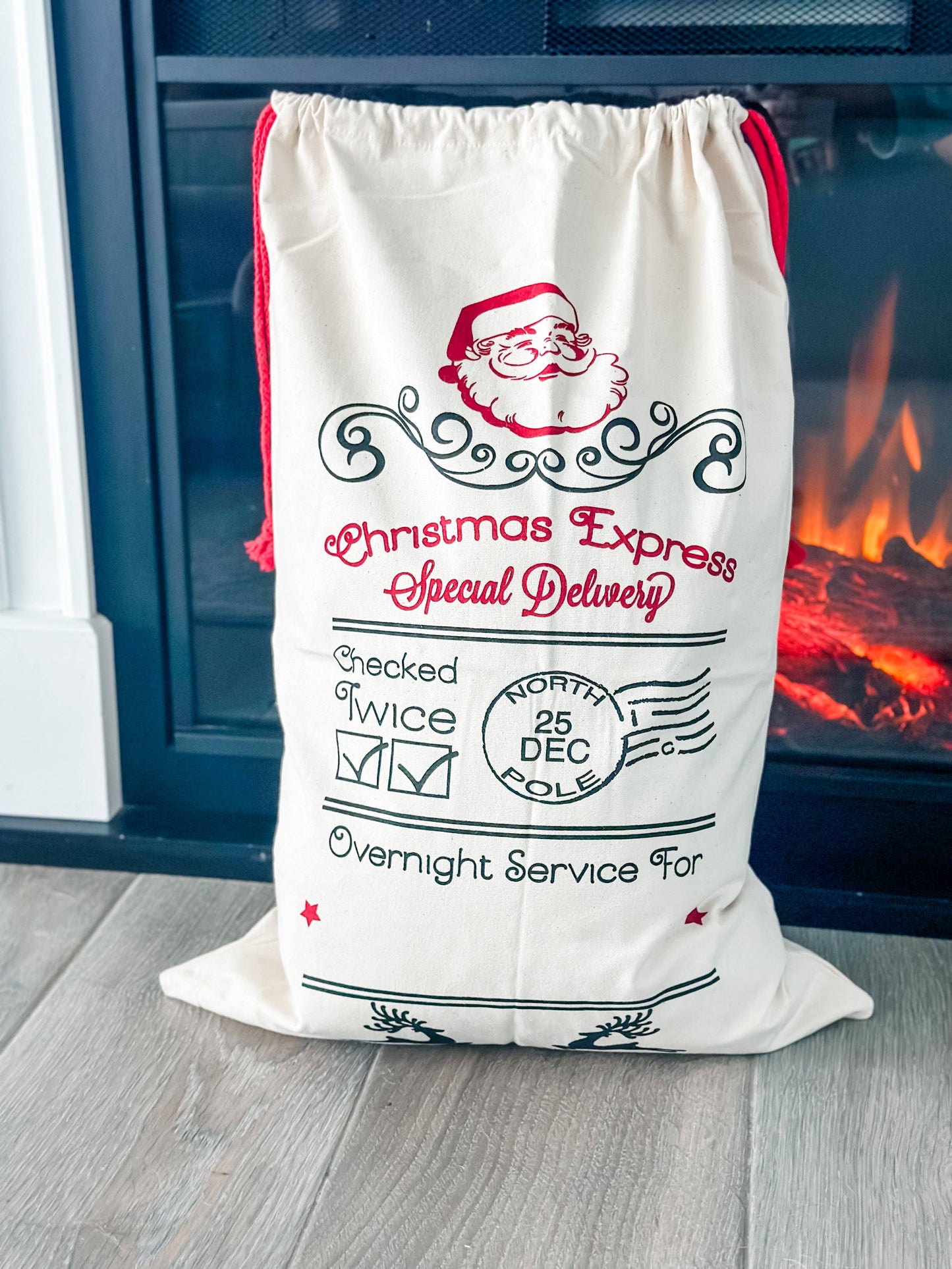 Christmas Santa Sack "Checked Twice" Natural