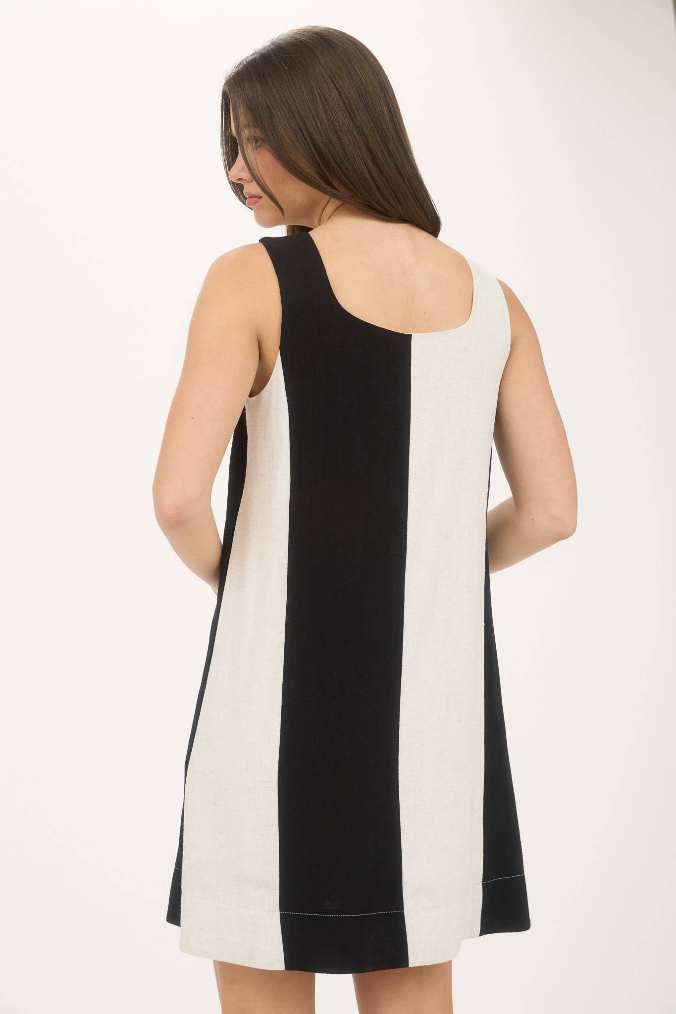 WIDE STRIPE SLEEVELESS LINEN MINI DRESS
