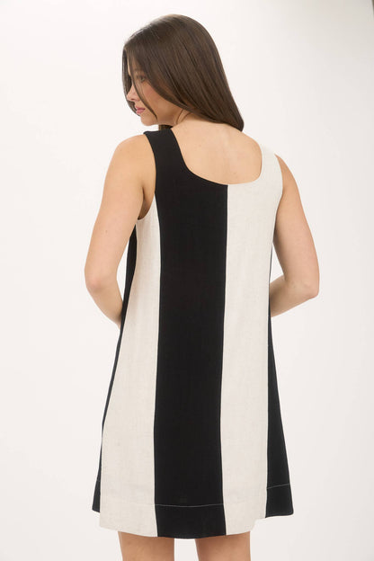 WIDE STRIPE SLEEVELESS LINEN MINI DRESS
