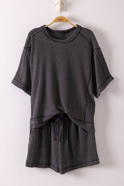 NT12686SET-Ribbed Knit Comfy Top & Shorts Set
