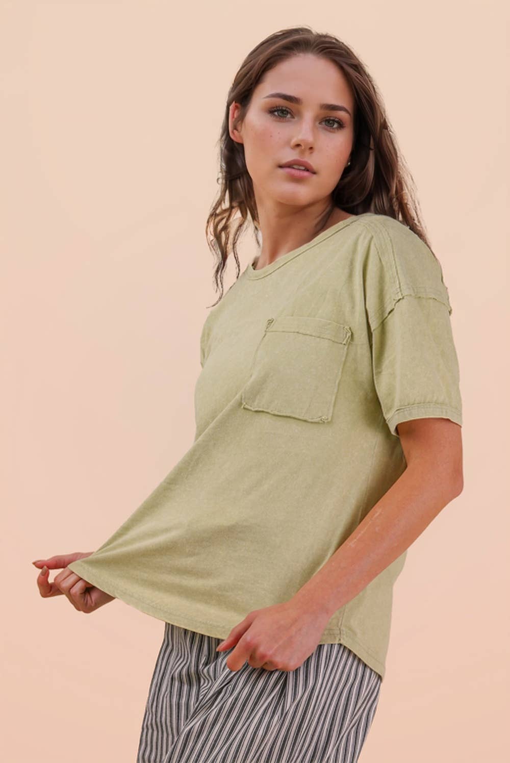NT11108-Mineral Washed Knit Top with Pocket