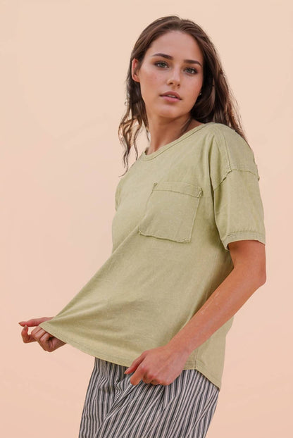 NT11108-Mineral Washed Knit Top with Pocket