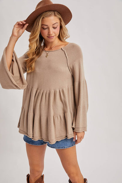 OVER STITCH TIERED BABY DOLL BELL SLEEVED SWEATER