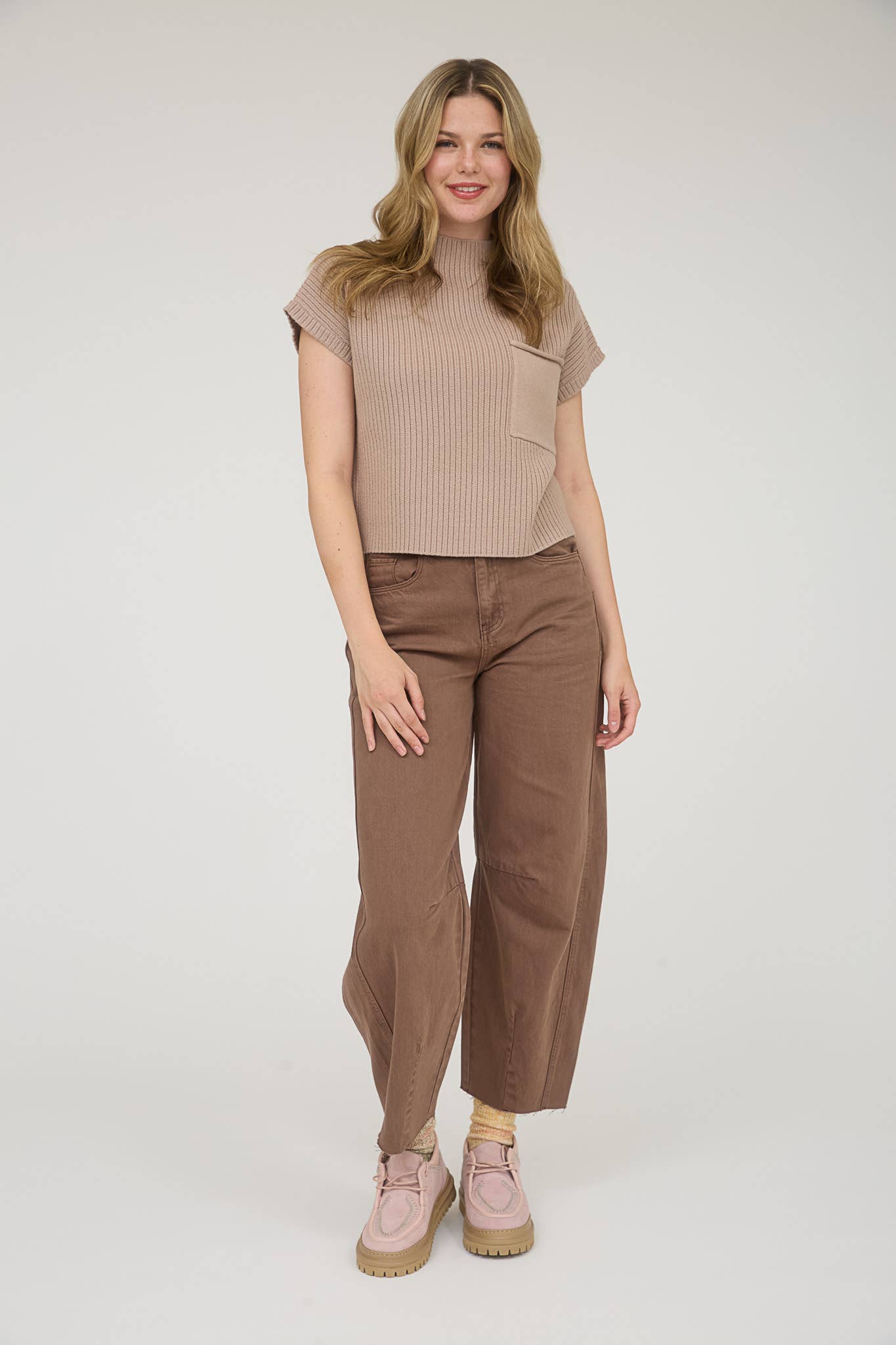 MOCK NECK POCKET DETAIL SHORT SLEEVE KNIT SWEATER