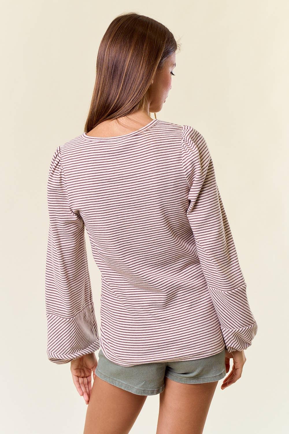 Round Neck Bubble Long Sleeve Striped Top