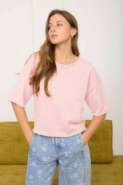 RAW EDGE BOXY SHORT SLEEVE KNIT SWEATER