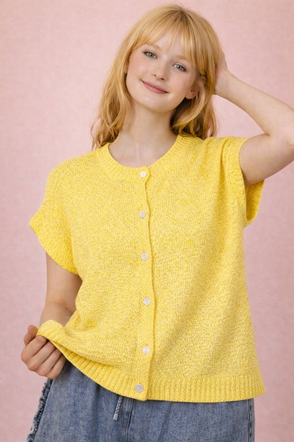 12W3653N-Button Down Solid Knit Summer Sweater Top