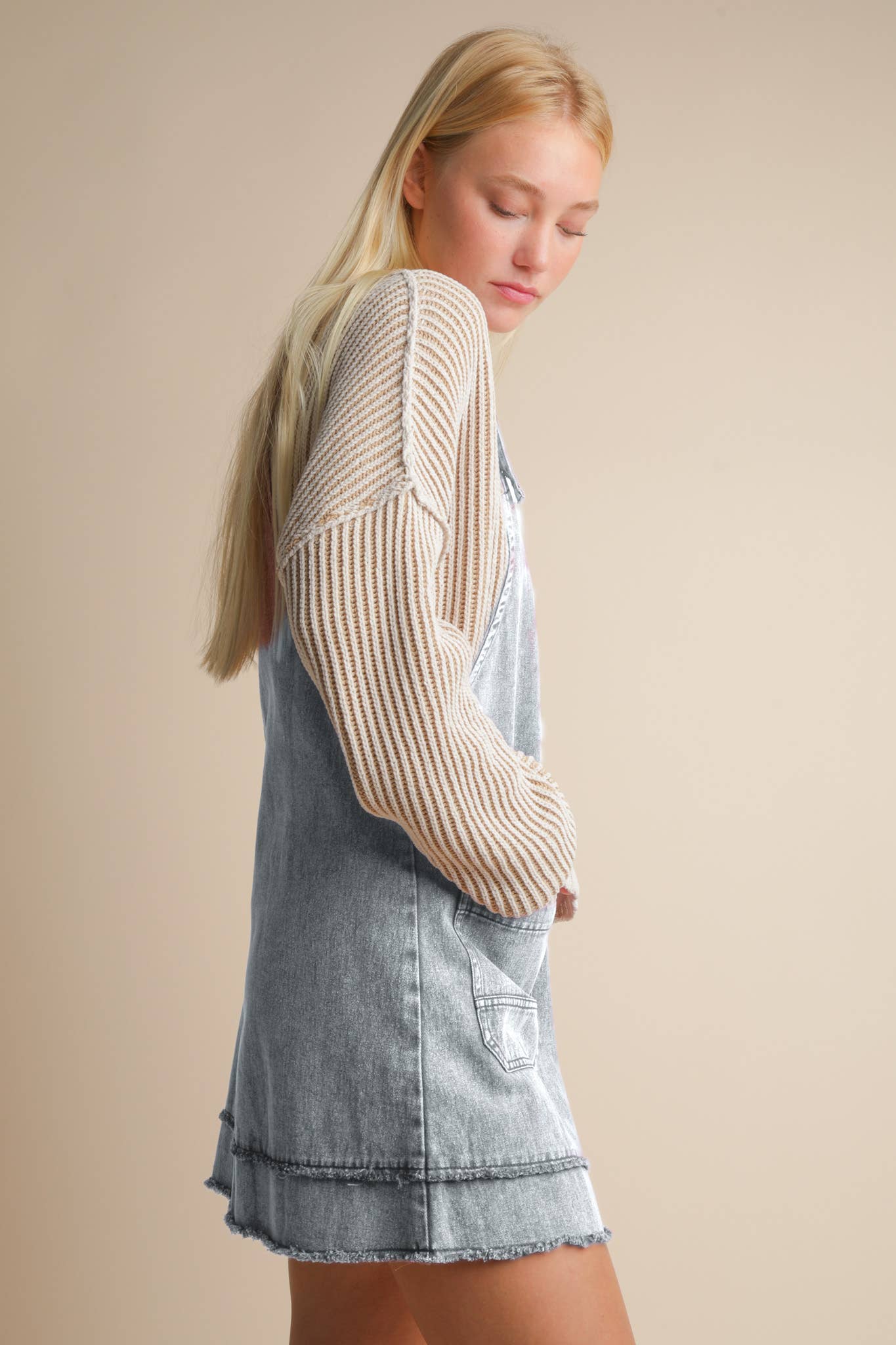 ND31791-Washed Denim Overall Mini Dress