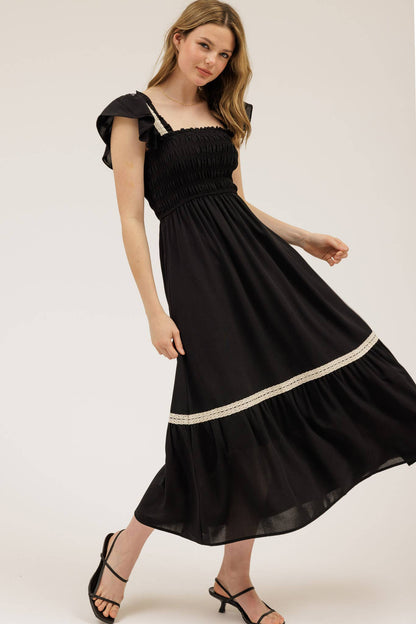CONTRAST DETAIL SMOCKED RUFFLE MIDI DRESS