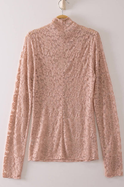 NT12220-High Neck Fitted Sheer Mesh Lace Knit Top