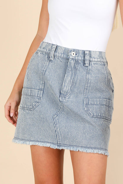NS50140-Mineral Washed Denim Striped Casual Mini Skirt