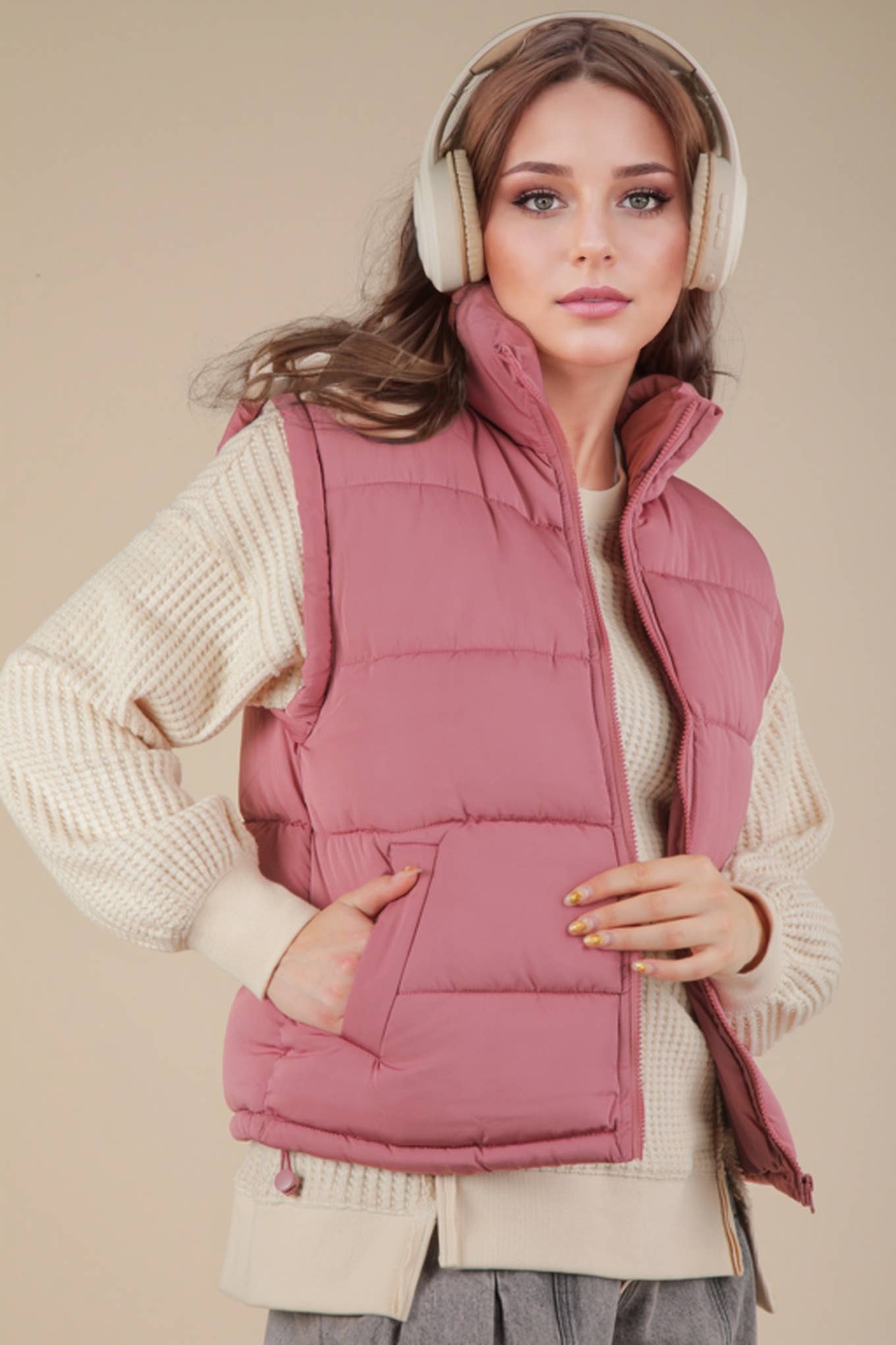 NJ90280-High Neck Casual Comfy Puffer Vest
