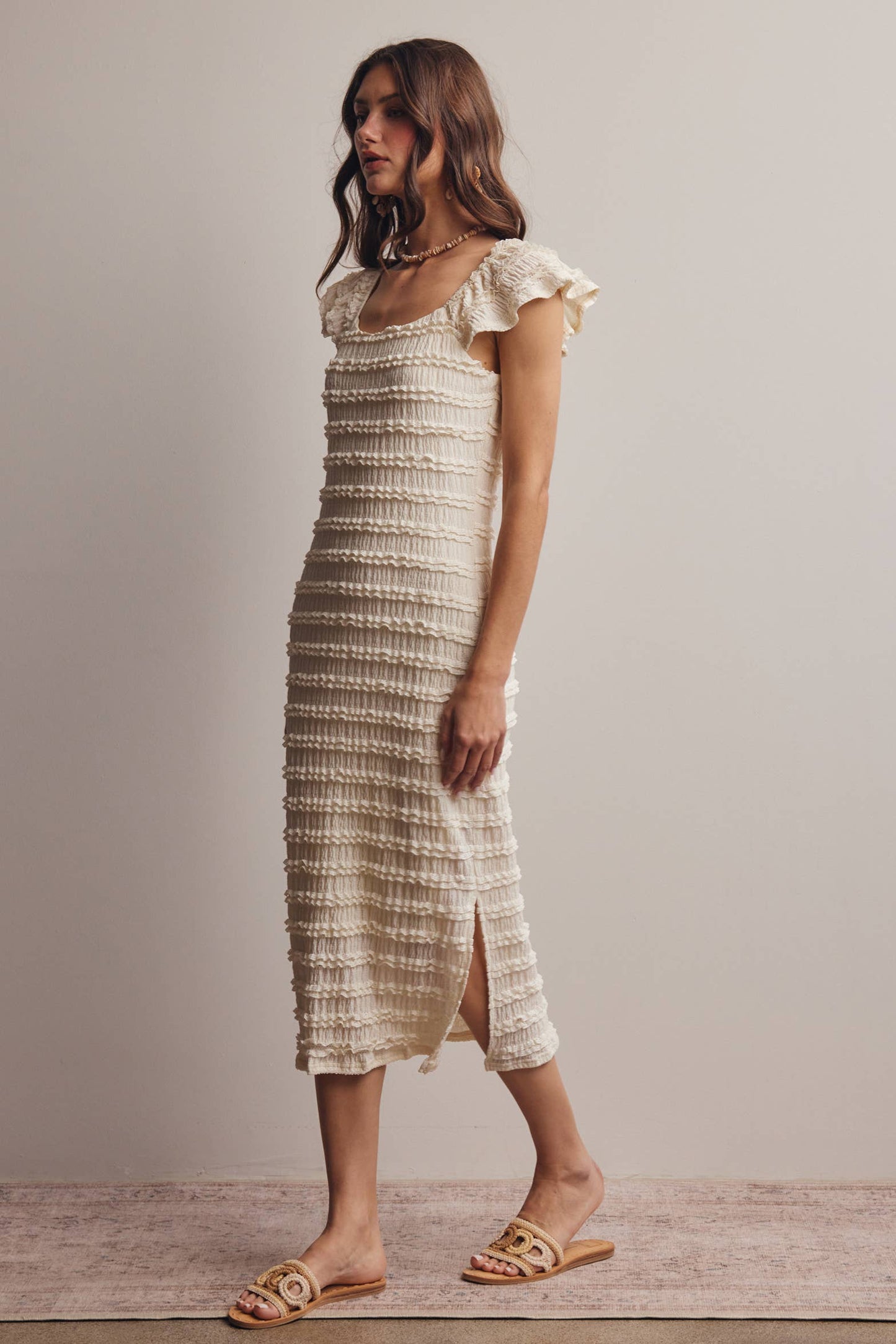 Smocked Ruffle Strap Midi Dress