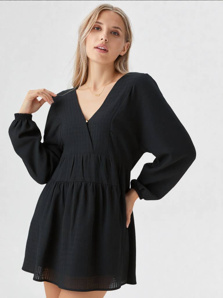 ND30996-Textured Woven Mini Dress W/ Back Tie