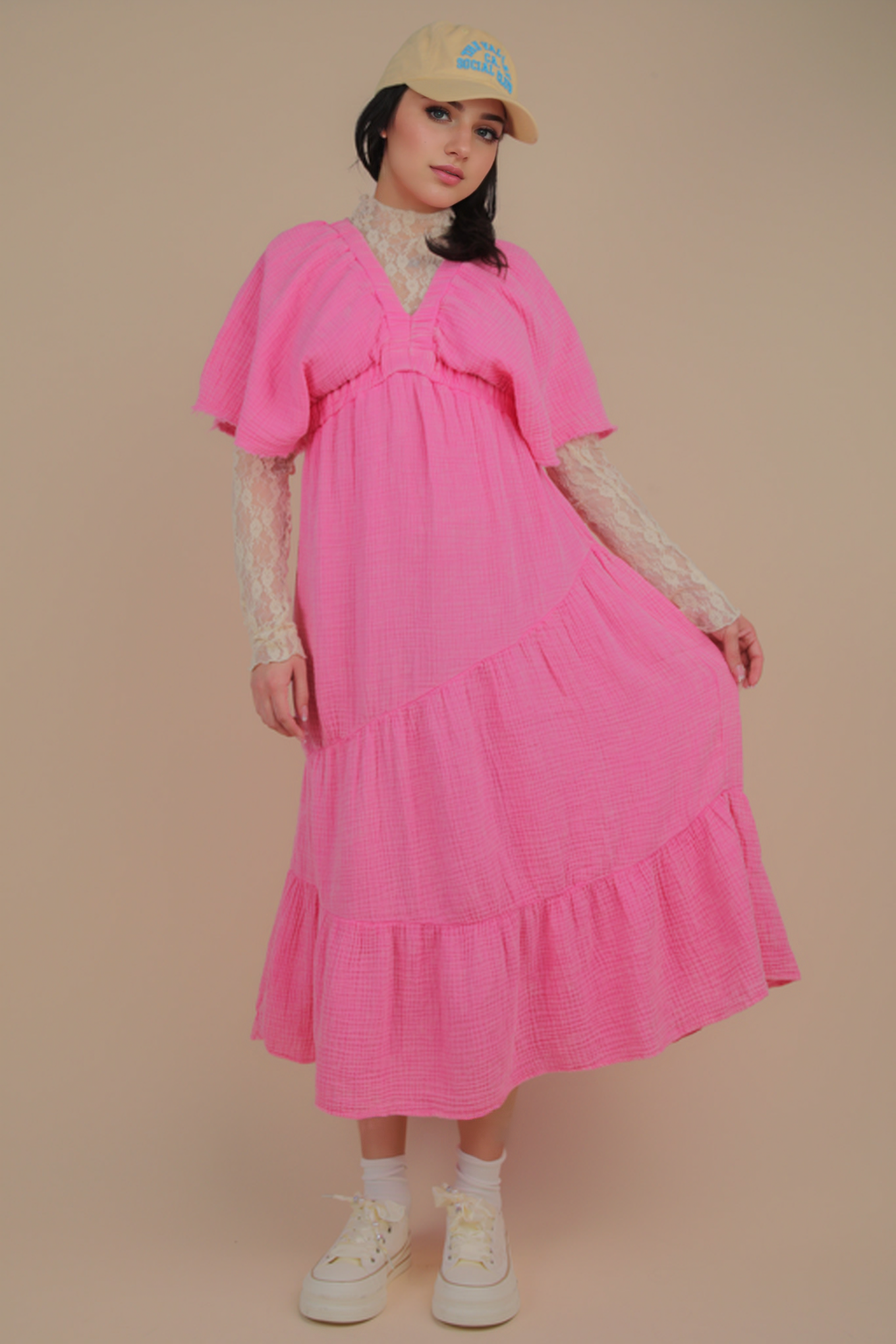 ND31584-Mineral Washed Elastic Neck Detail Midi Dress