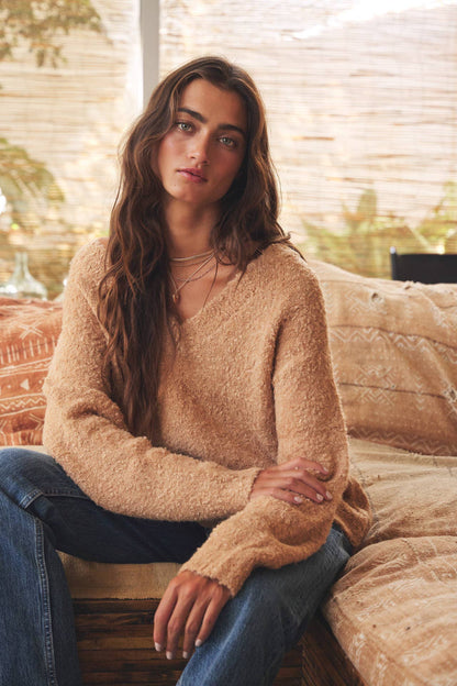 COZY RELAXED FIT V-NECK TEDDY BEAR SWEATER