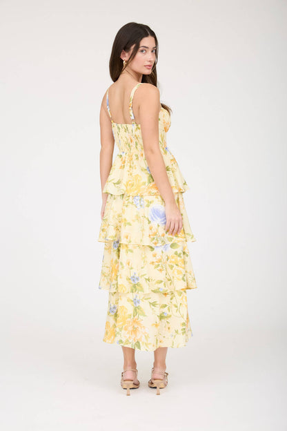FLORAL SLEEVELESS RUFFLE TIERED SKIRT MIDI DRESS