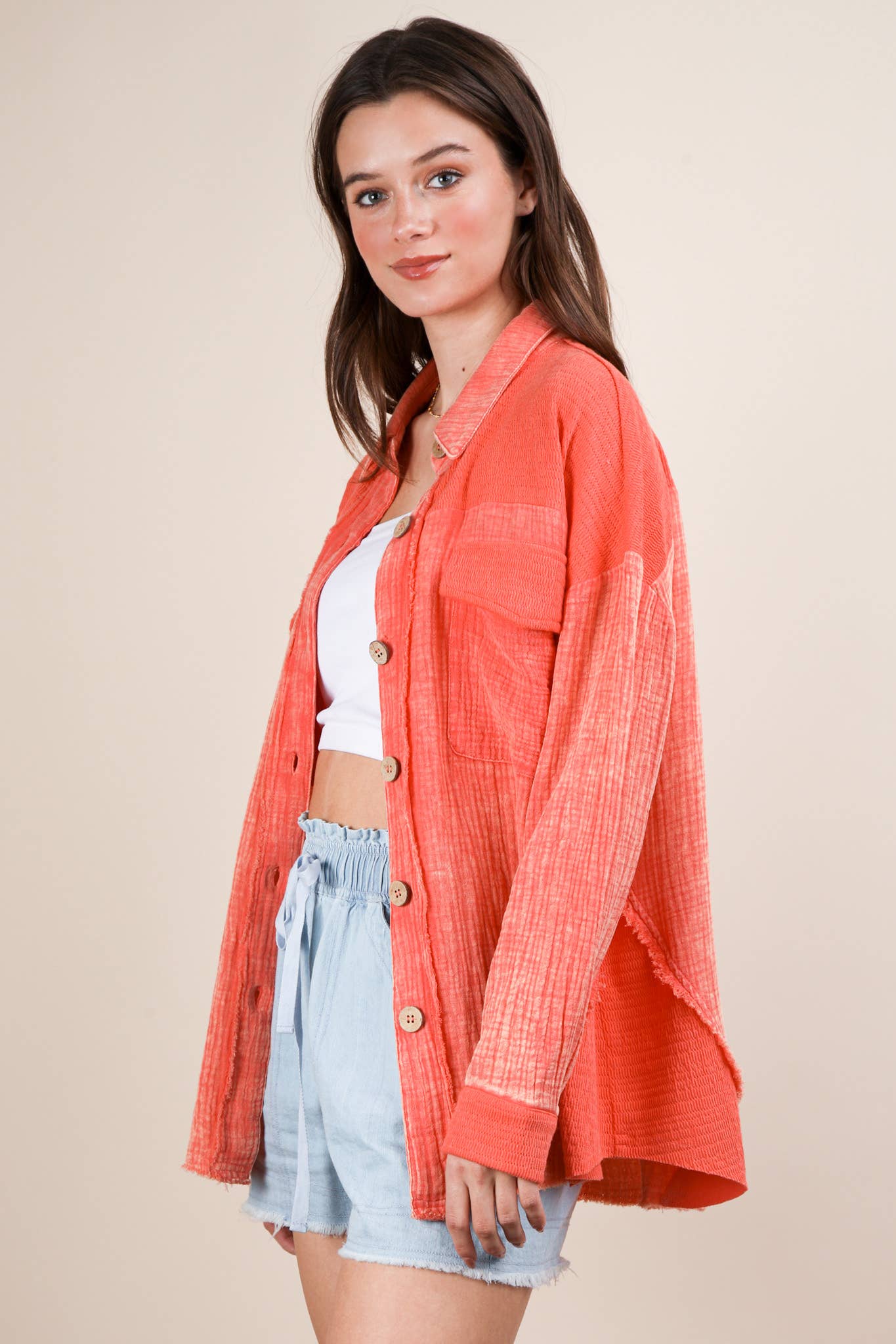 NJ90360-Mineral Washed Oversized Gauze Shacket Jacket
