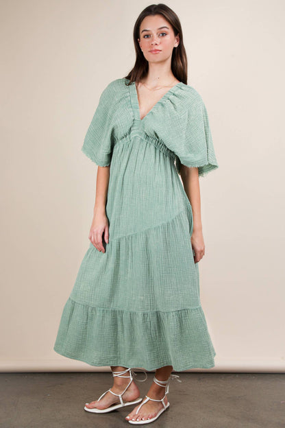 ND31584-Mineral Washed Elastic Neck Detail Midi Dress