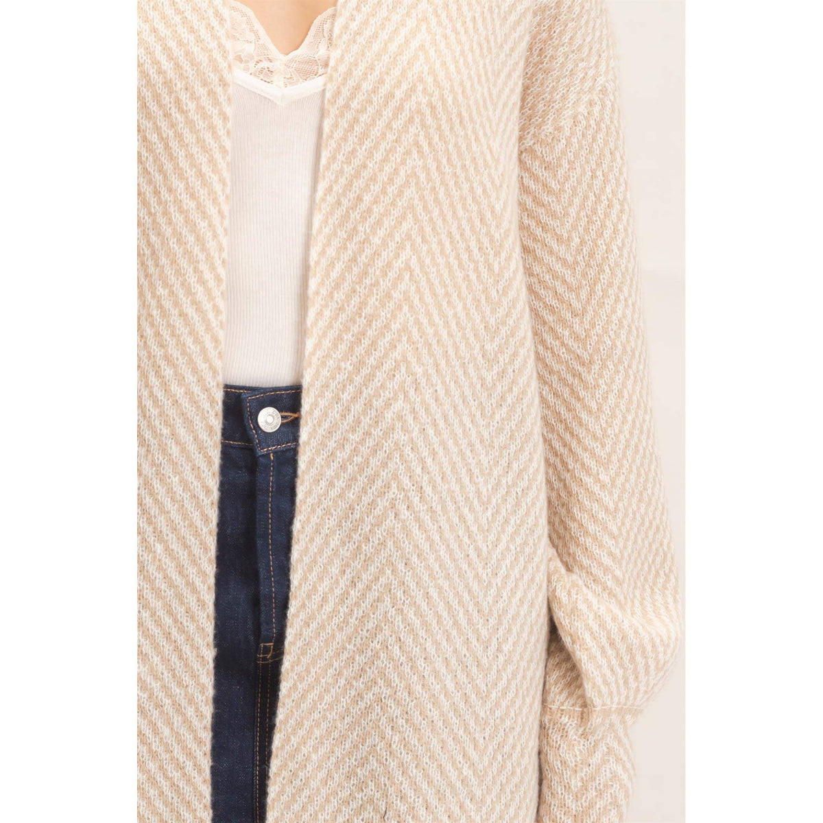 Herringbone Pattern Open-Front Cardigan