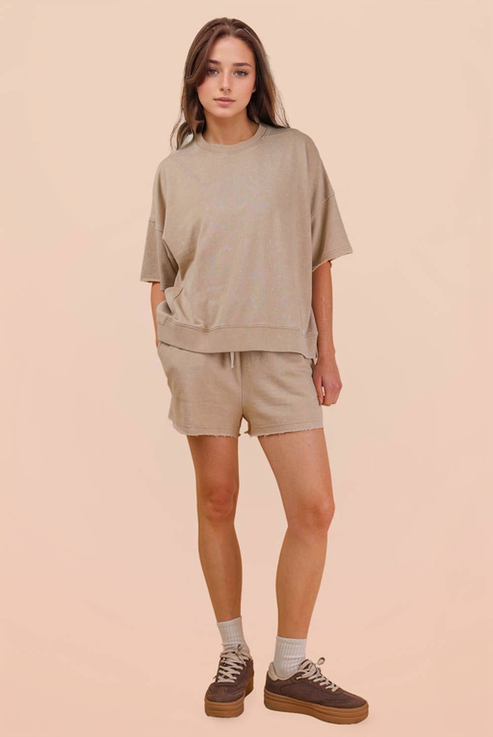 NT12429SET-Mineral Washed Knit Casual Top & Shorts