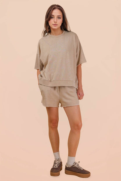 NT12429SET-Mineral Washed Knit Casual Top & Shorts