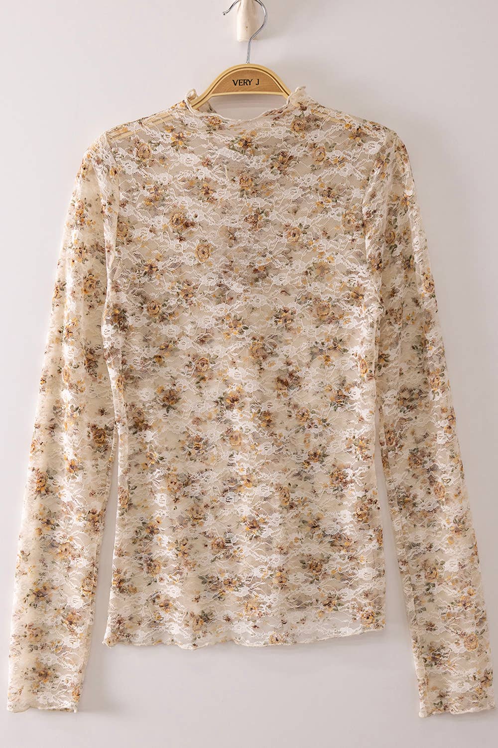 NT12220-High Neck Fitted Sheer Mesh Lace Knit Top