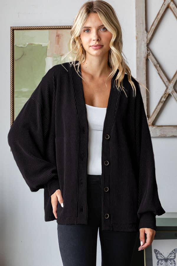 Solid Rib Drop Shoulder Button Balloon Sleeve Cardigan T5745