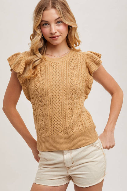 FLUTTER SLEEVED KNIT SWEATER TOP