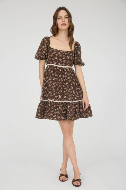 FLORAL CONTRAST TRIM DETAIL PUFF SLEEVES MINI DRESS: BURGUNDY MULTI