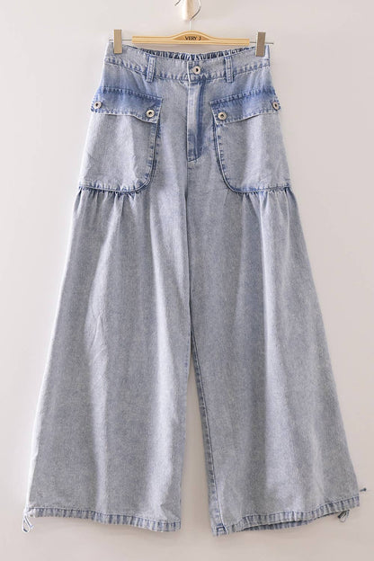 NP71154-Washed Denim Flap Pocket Wide Leg Pants