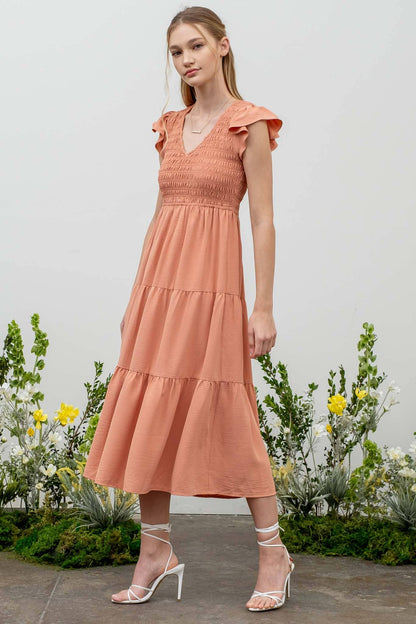 FLUTTER SLEEVE MAXI DRESS: KHAKI