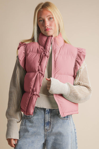 NJ90385-Front Bow Ruffle Sleeve Puffer Vest