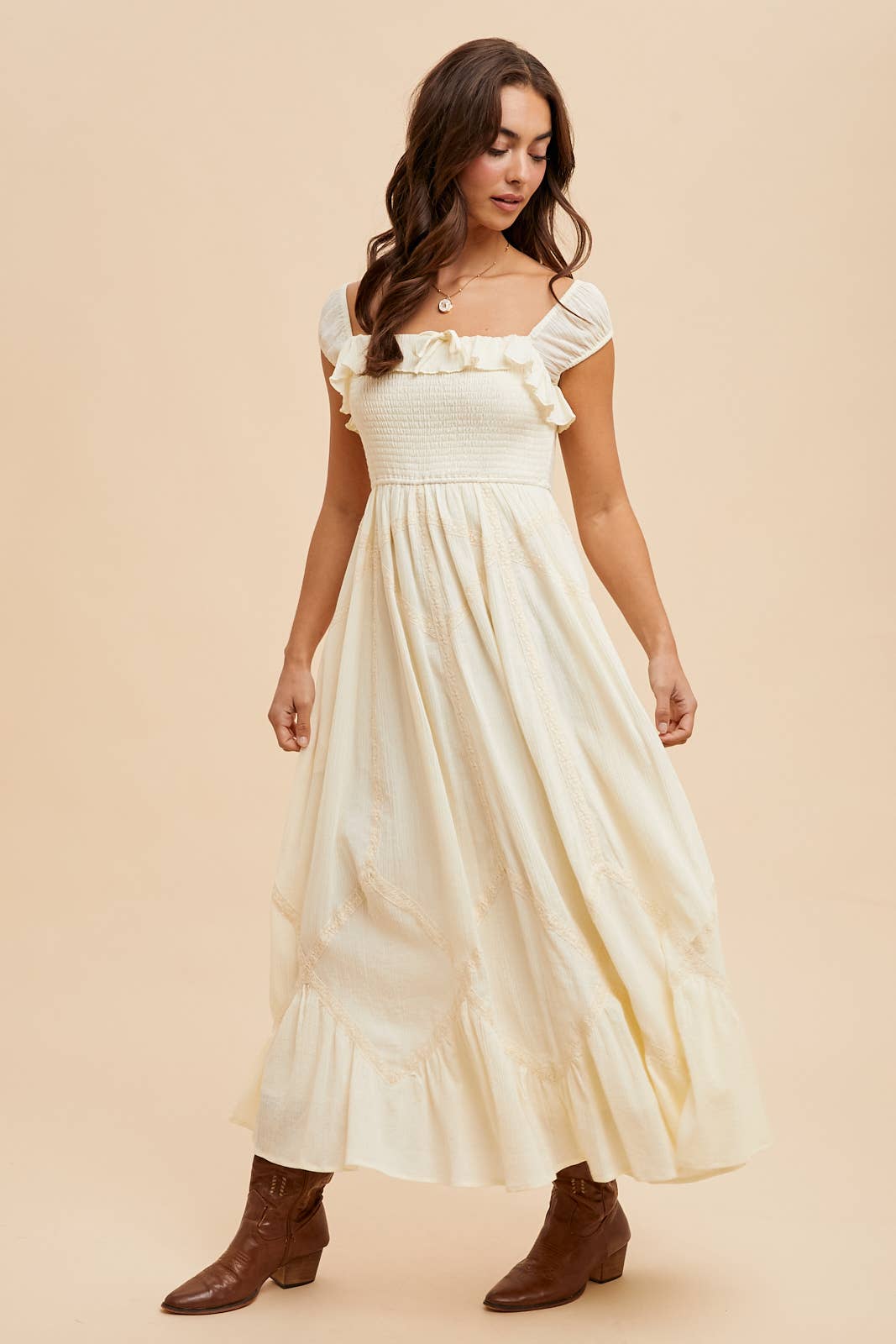 SMOCKED MAXI WITH LACE TRIM DETAIL