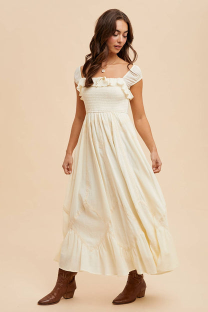 SMOCKED MAXI WITH LACE TRIM DETAIL