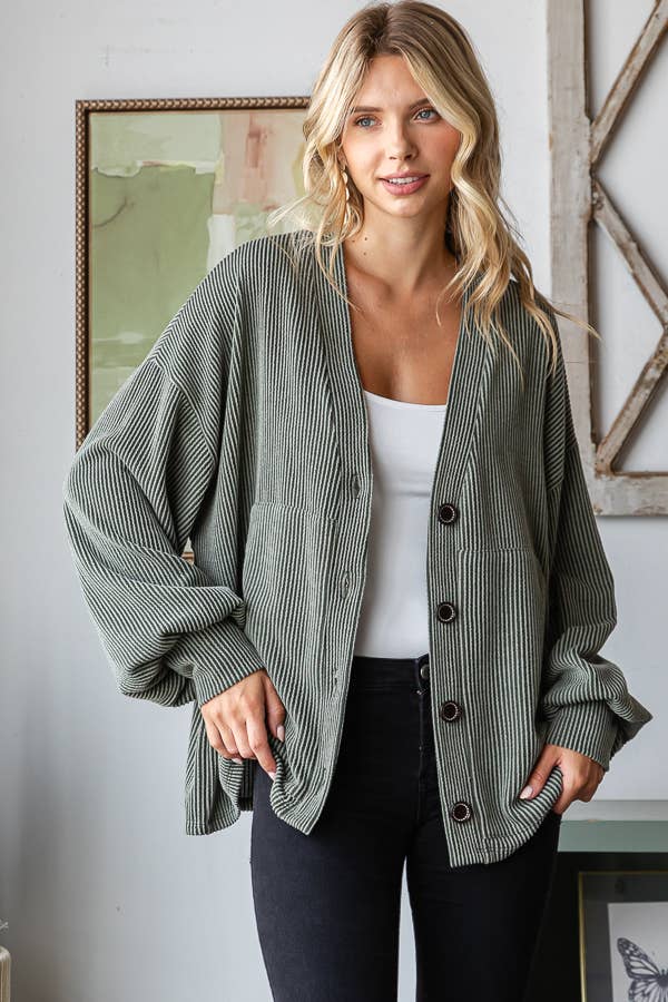 Solid Rib Drop Shoulder Button Balloon Sleeve Cardigan T5745