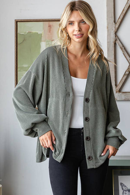 Solid Rib Drop Shoulder Button Balloon Sleeve Cardigan T5745
