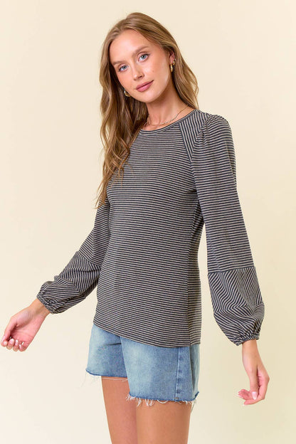 Round Neck Bubble Long Sleeve Striped Top