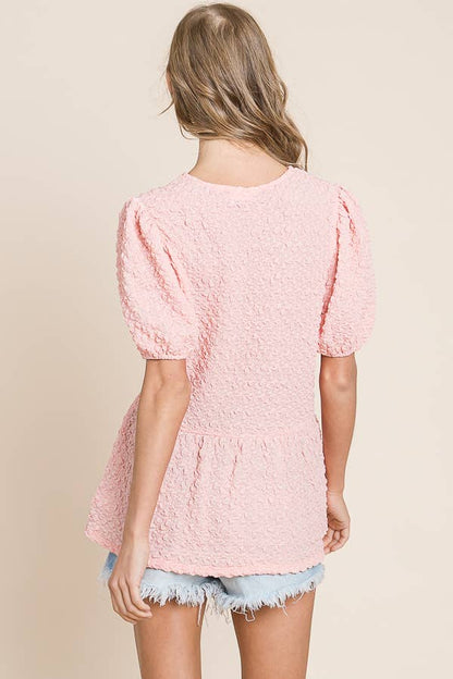 Solid Bubble Textured Short Sleeve Peplum Blouse