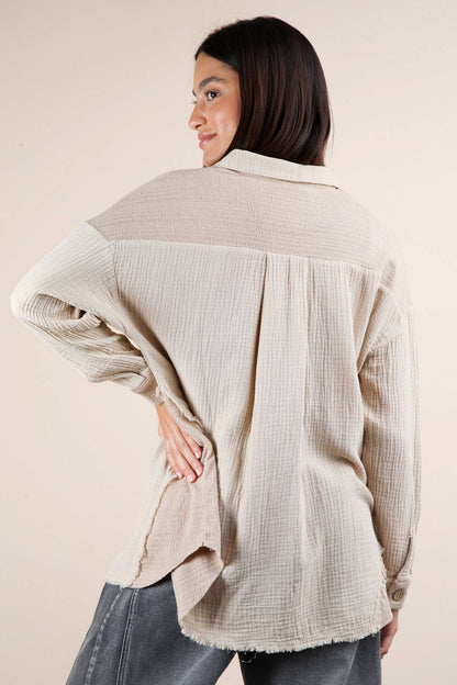 NJ90360-Mineral Washed Oversized Gauze Shacket Jacket