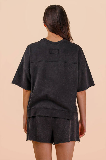 NT12429SET-Mineral Washed Knit Casual Top & Shorts