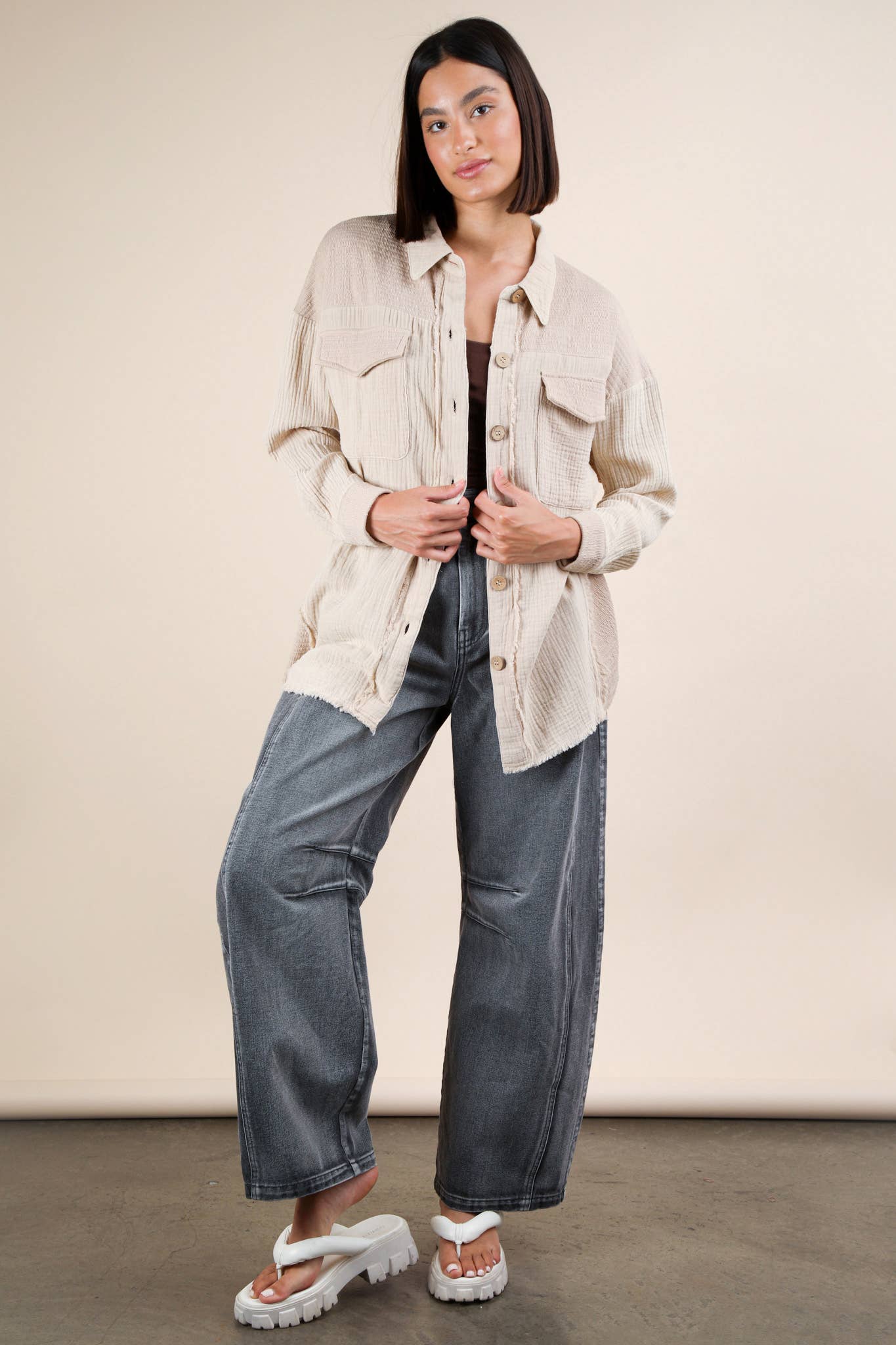 NJ90360-Mineral Washed Oversized Gauze Shacket Jacket