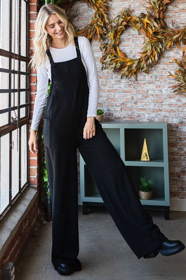 Rib Knit Wide Leg Adjustable Strap Overall Jumpsuit