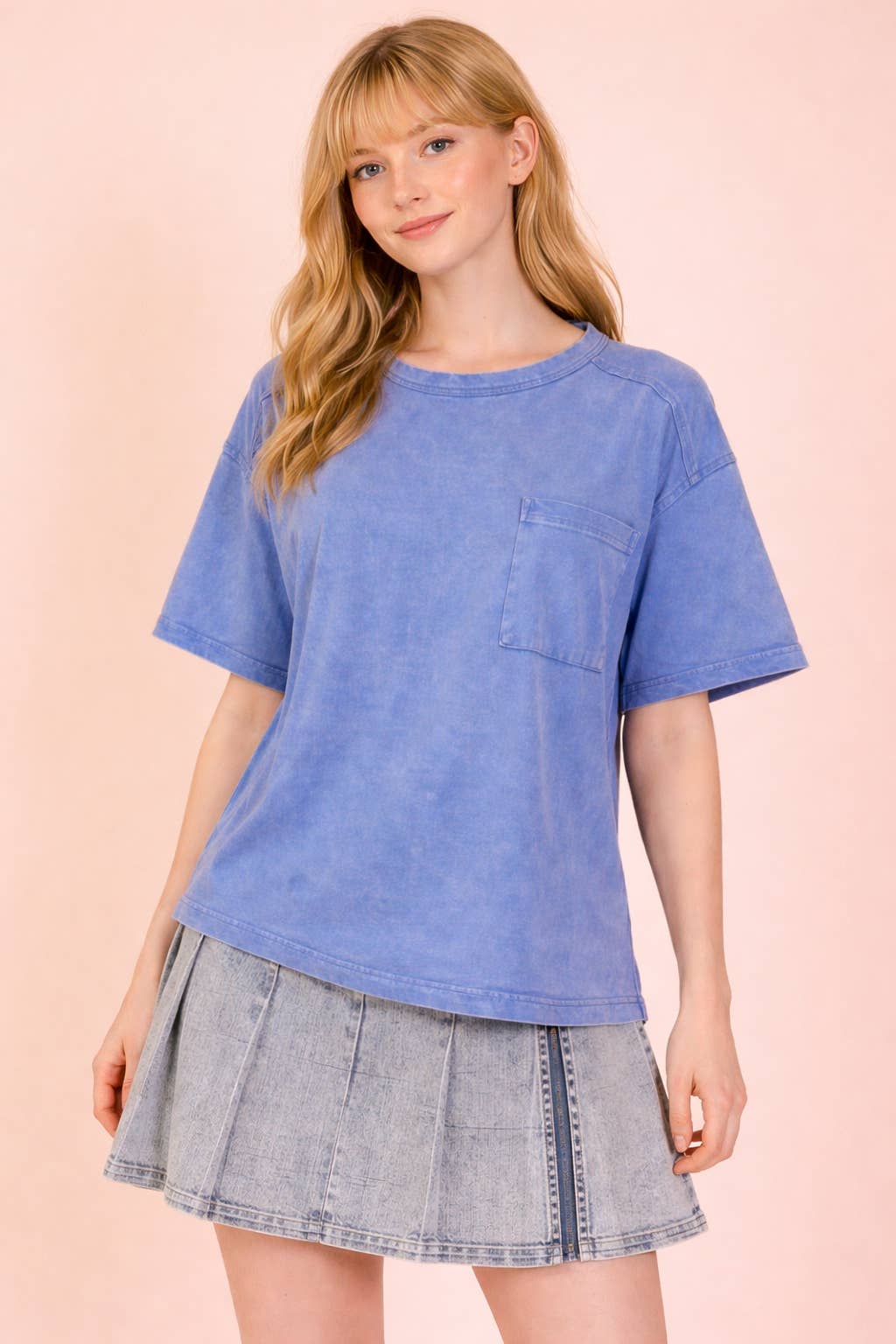 NT11108-Mineral Washed Knit Top with Pocket
